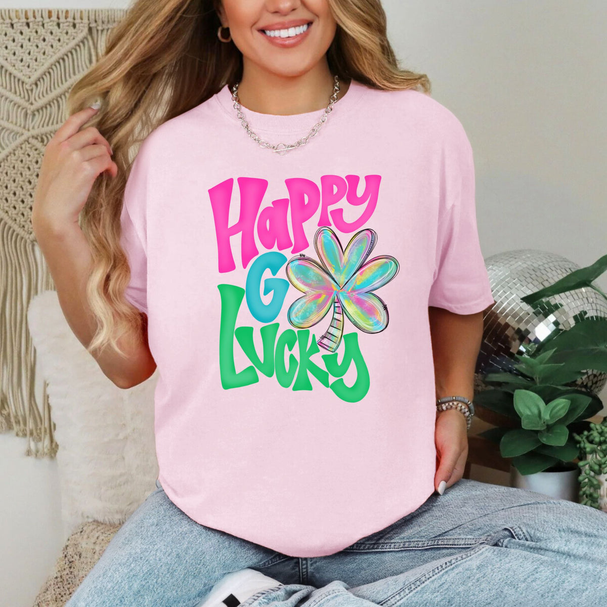 Happy Go Lucky shirt in Comfort Colors Blossom
