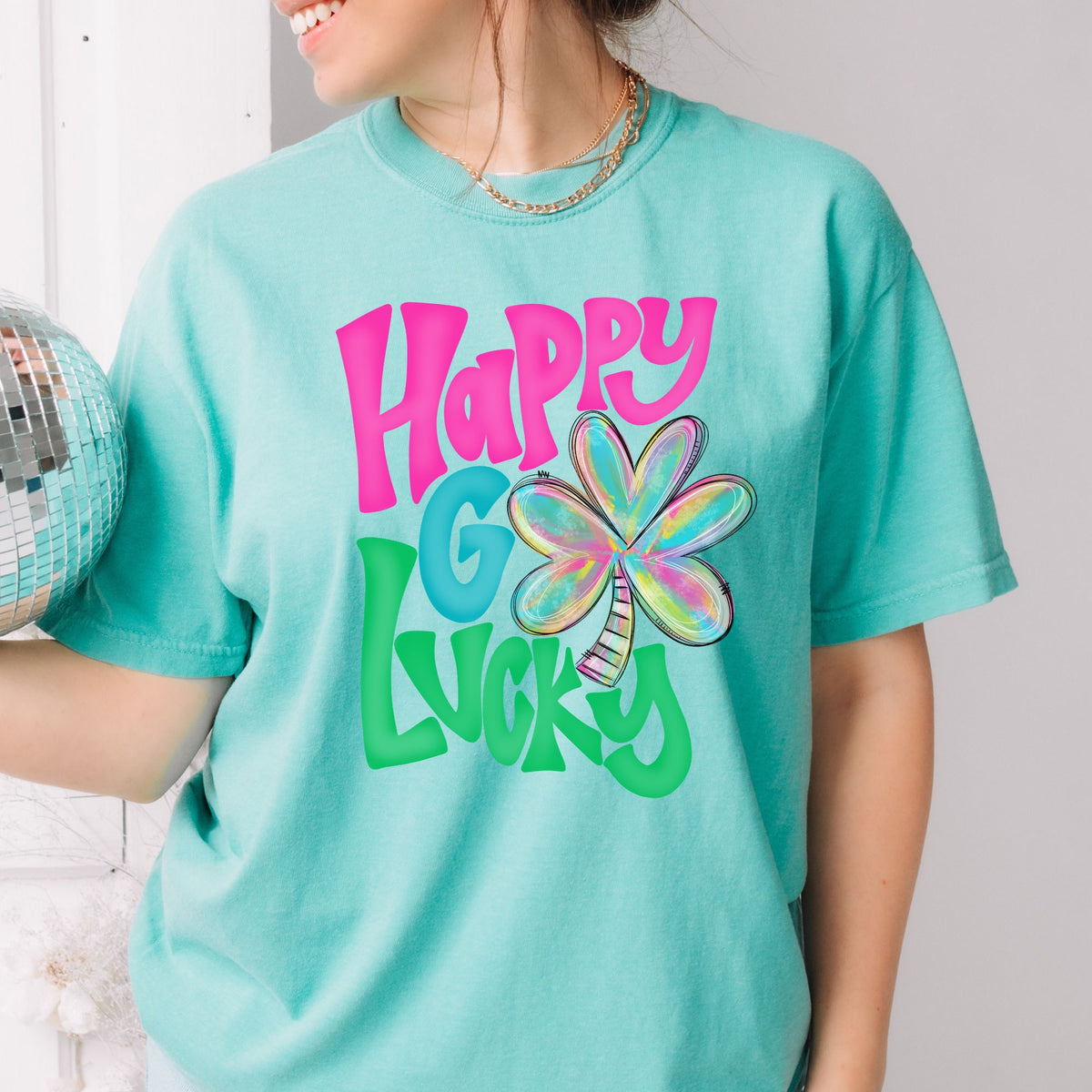 Happy Go Lucky shirt in Comfort Colors Chalky Mint
