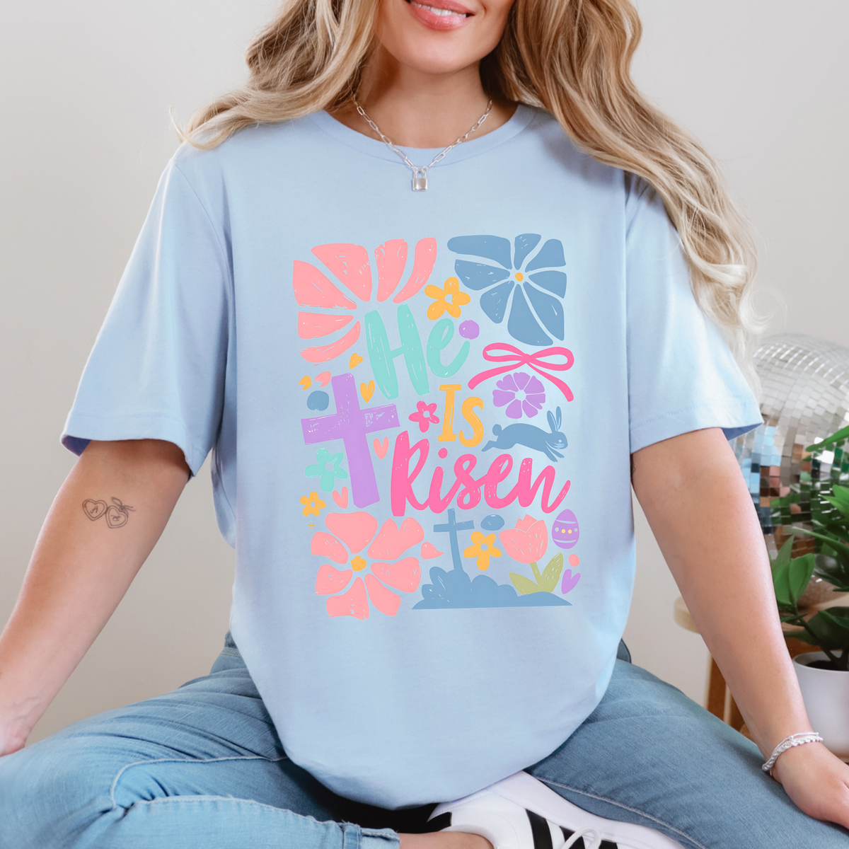 He Is Risen floral Easter T-shirt in Baby Blue