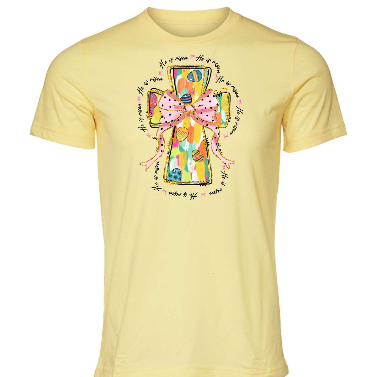 He Is Risen painted cross Easter T-shirt in Heather French Vanilla