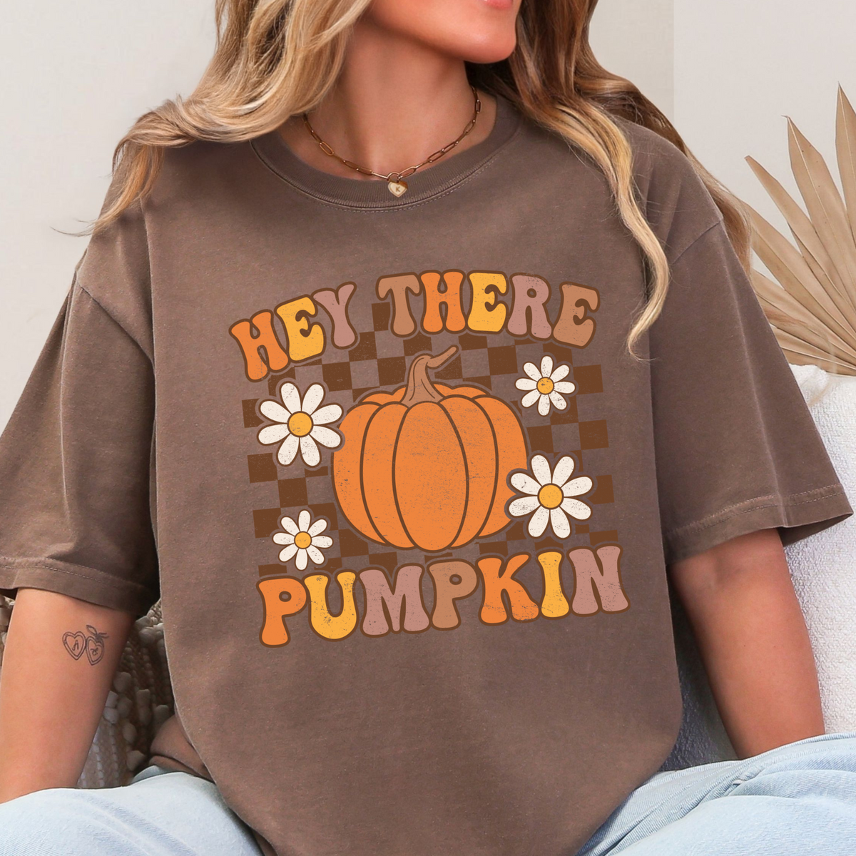 Hey There Pumpkin fall design on an Espresso Comfort Colors 1717 T-shirt