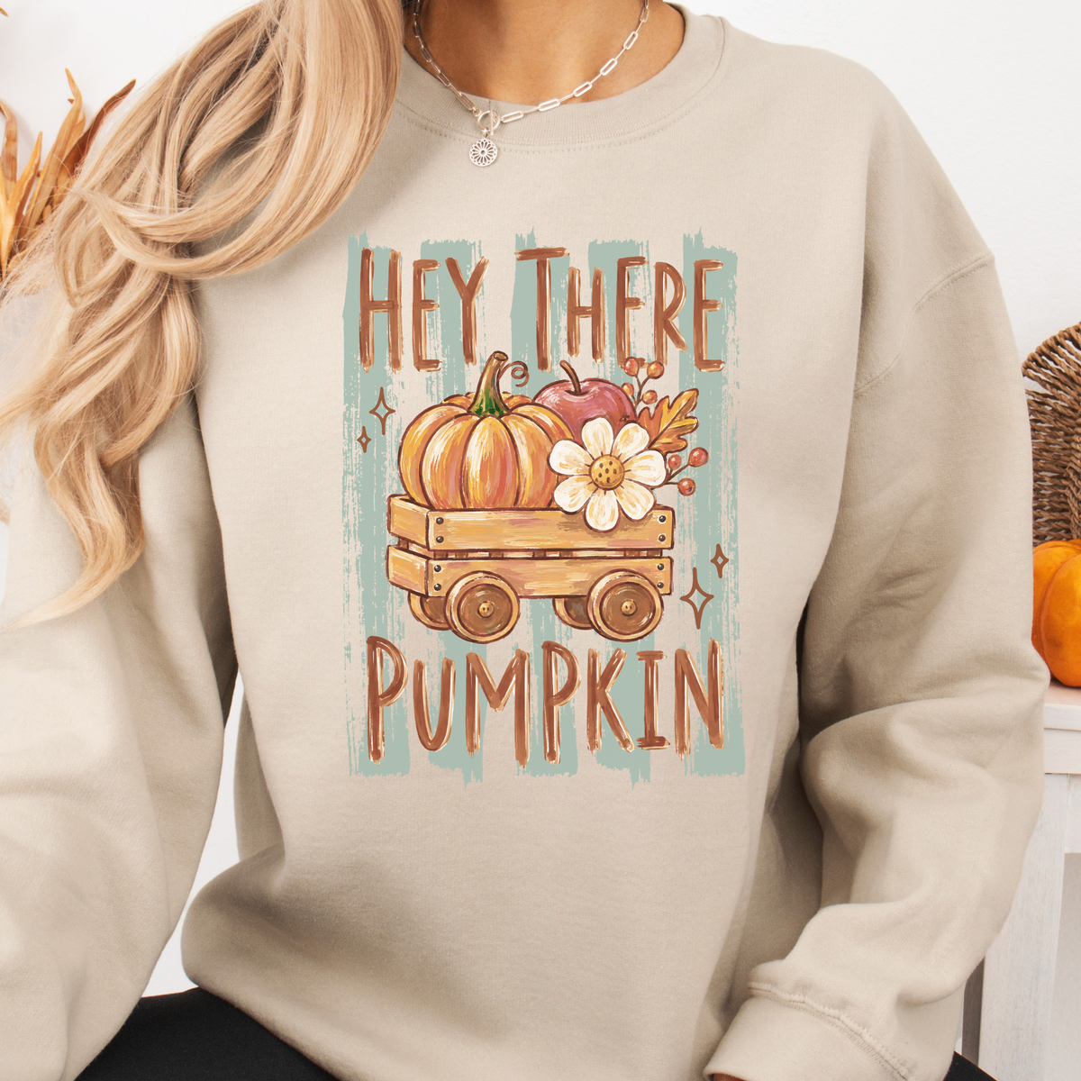 Hey There Pumpkin design on Sand Gildan 18000 sweatshirt