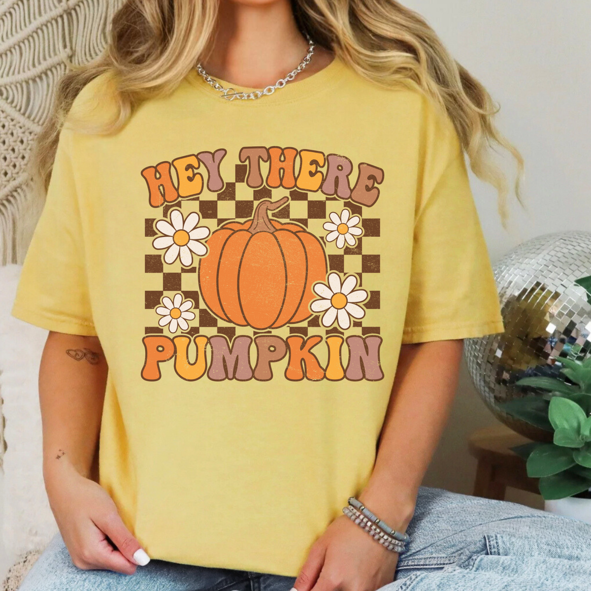 Hey There Pumpkin fall design on a Mustard Comfort Colors 1717 T-shirt