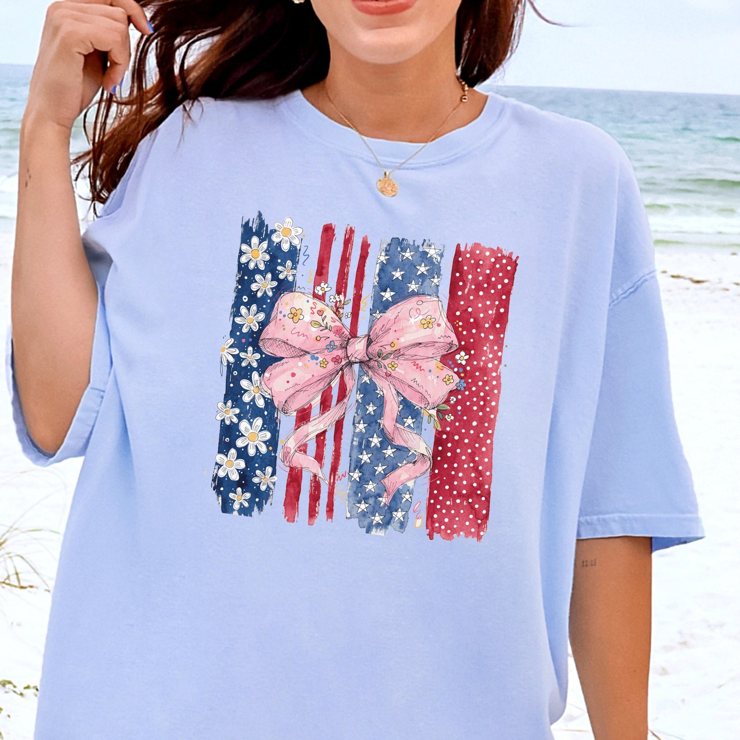 Floral Bow American Flag T-Shirt | Coquette Patriotic Comfort Colors Tee