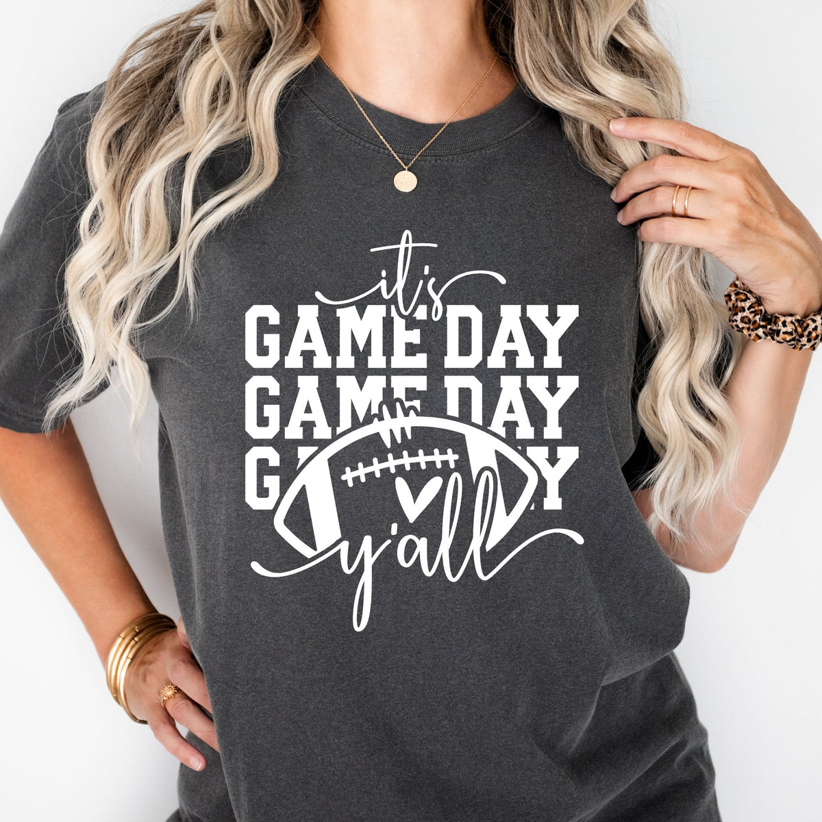 It's Game Day Y'all football graphic on Pepper Comfort Colors 1717 tee