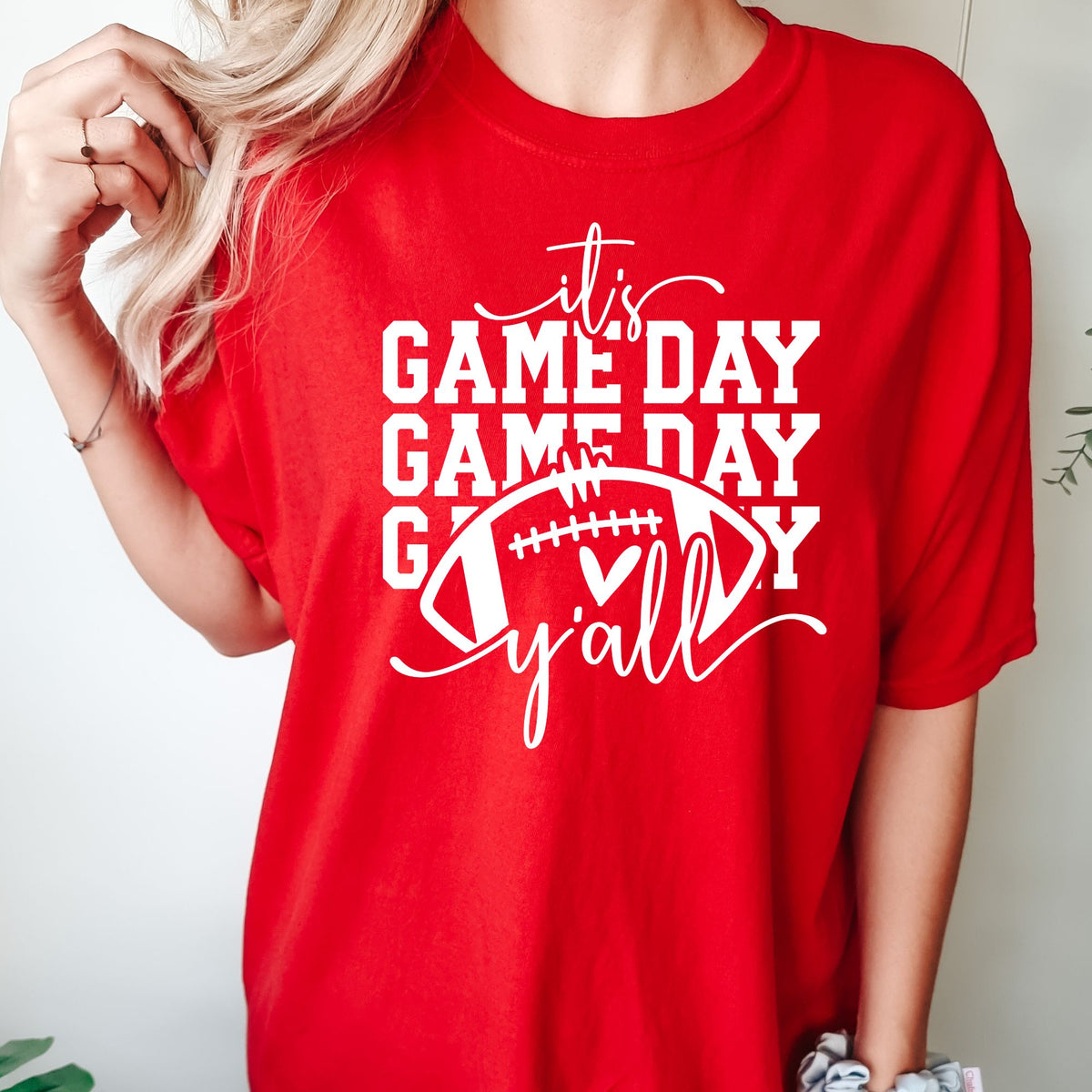 It's Game Day Y'all football graphic on Red Comfort Colors 1717 tee