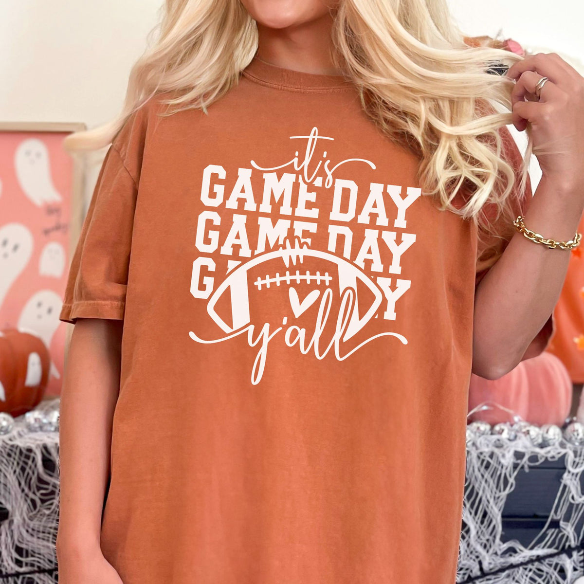 It's Game Day Y'all football graphic on Yam Comfort Colors 1717 tee