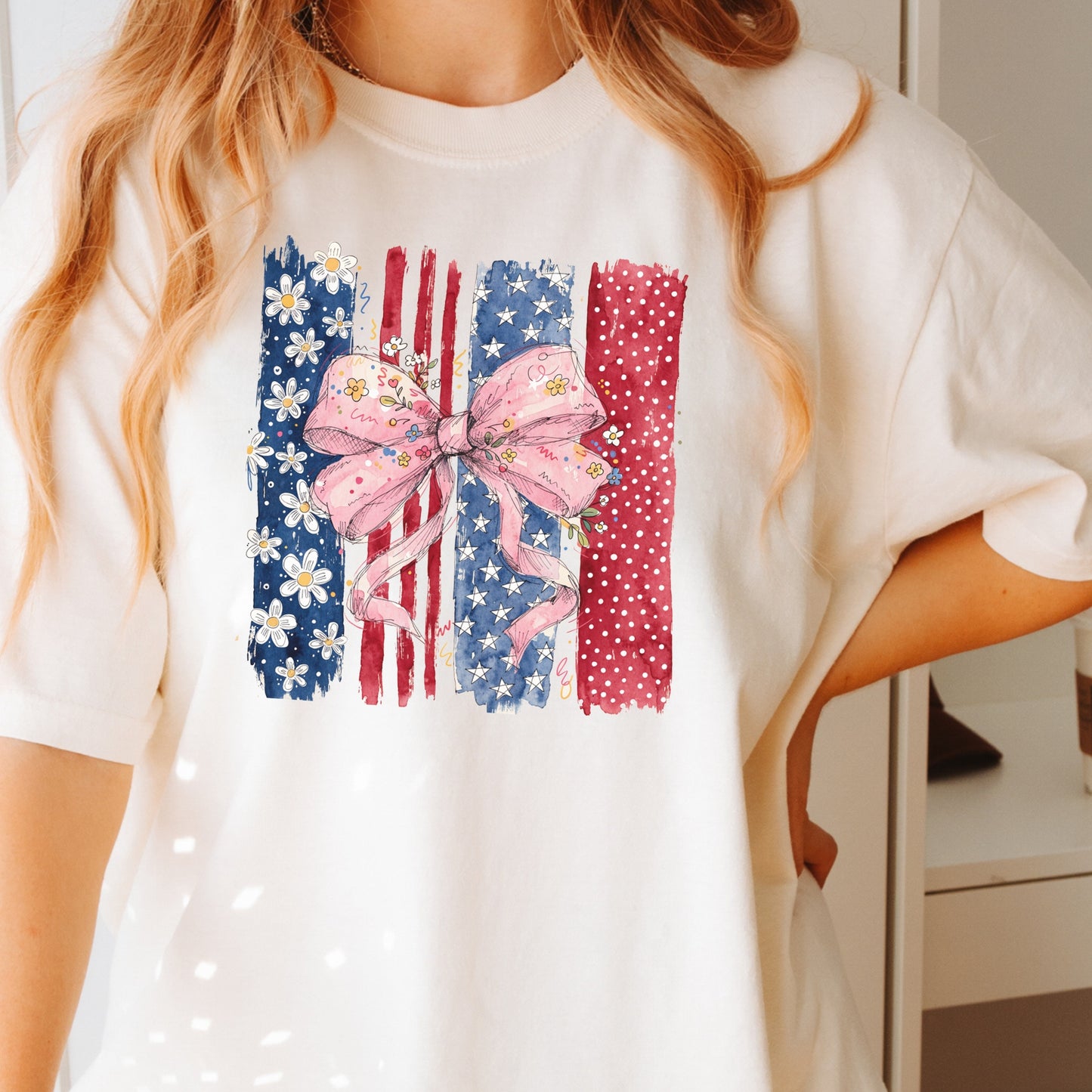 Floral Bow American Flag T-Shirt | Coquette Patriotic Comfort Colors Tee