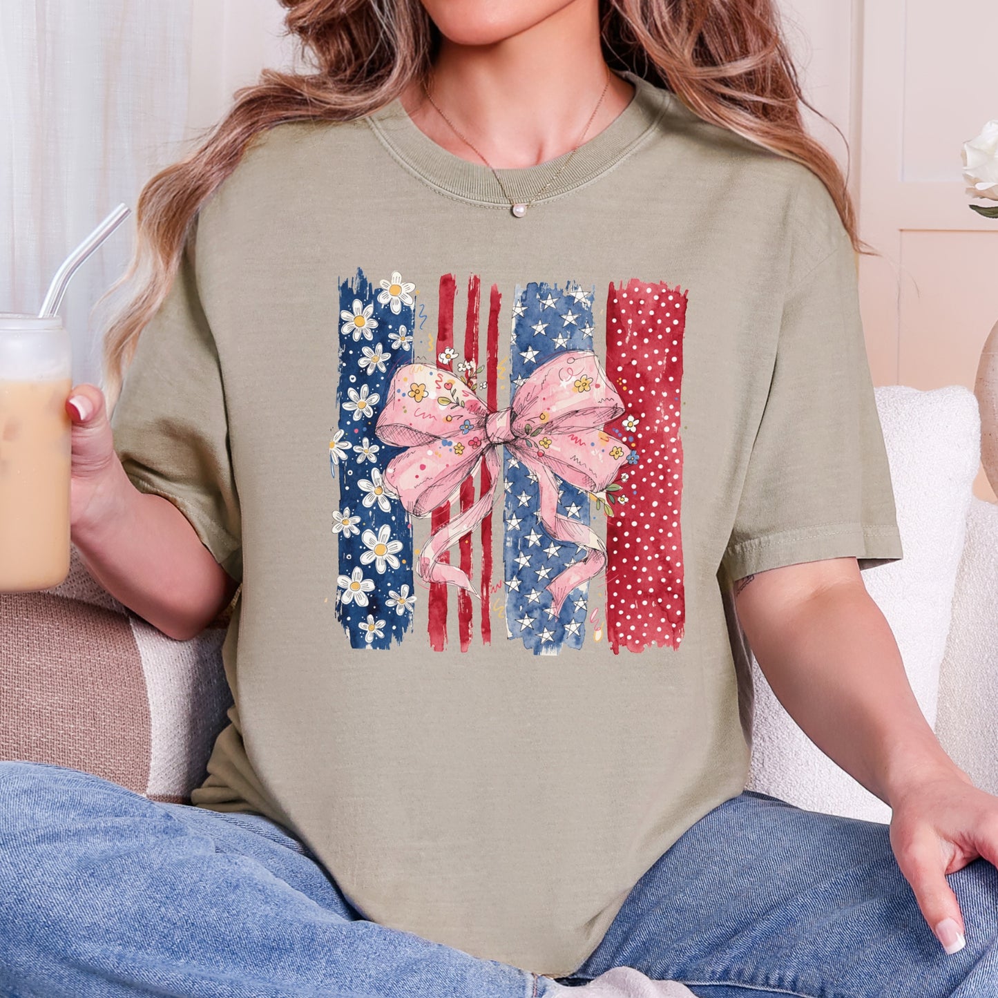 Floral Bow American Flag T-Shirt | Coquette Patriotic Comfort Colors Tee