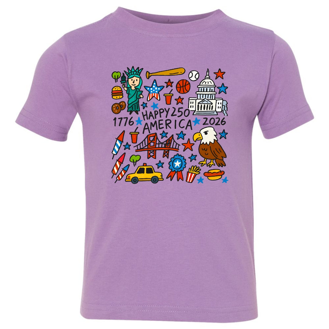 Happy 250 America Kids T-Shirt | Patriotic Doodle Toddler & Youth Tee