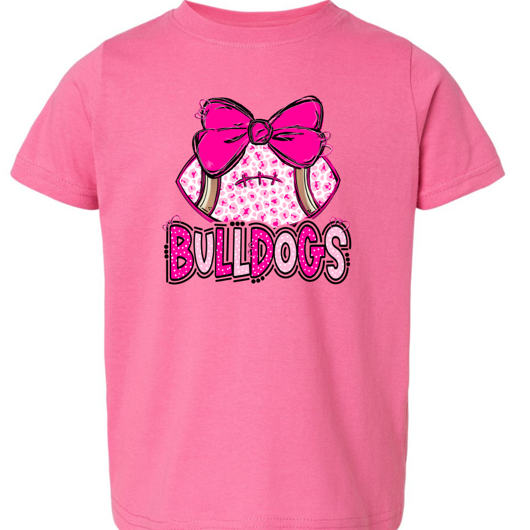 Hot Pink Rabbit Skins Bulldogs leopard football bow toddler T-shirt flat lay
