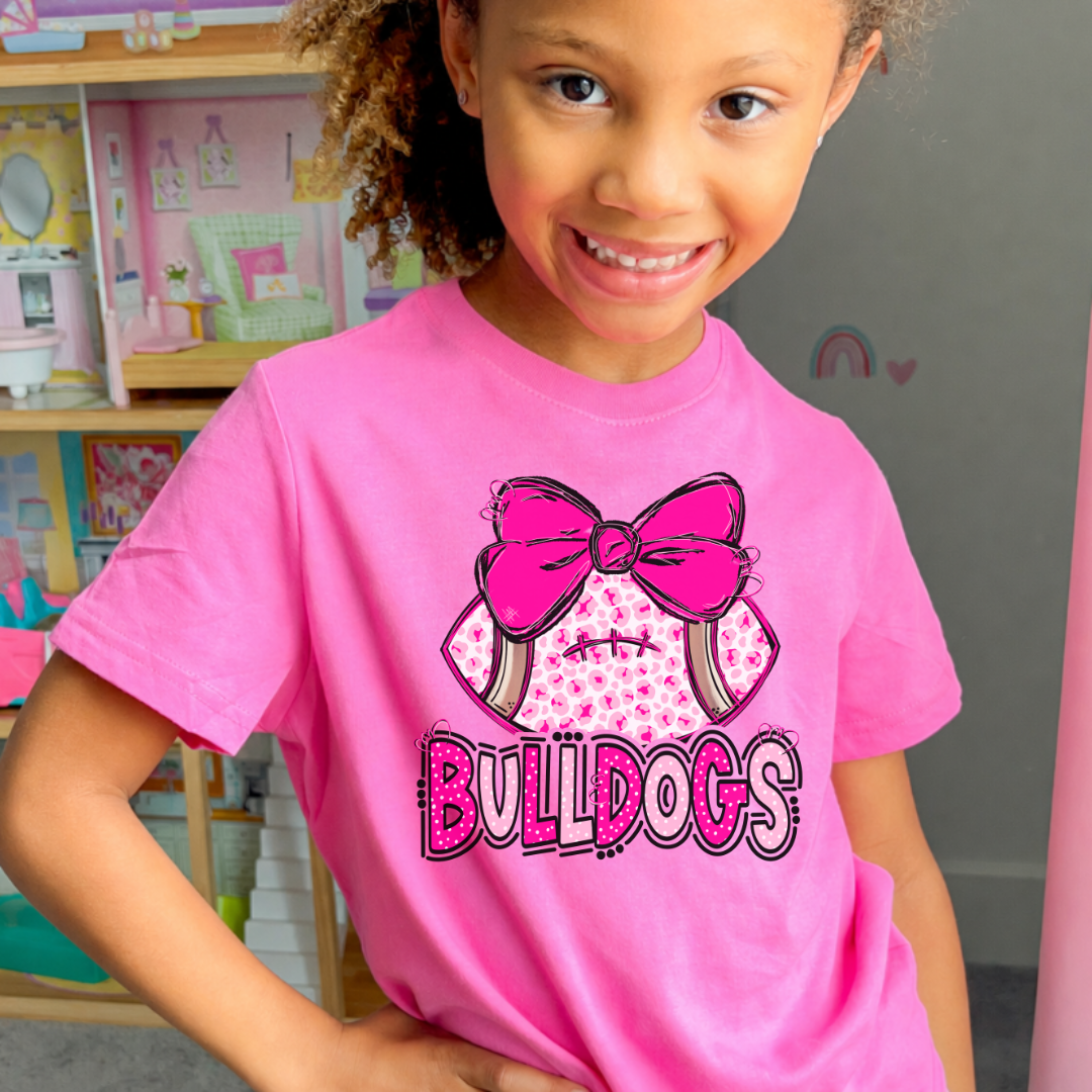 Girl wearing Hot Pink Rabbit Skins Bulldogs leopard football bow toddler T-shirt