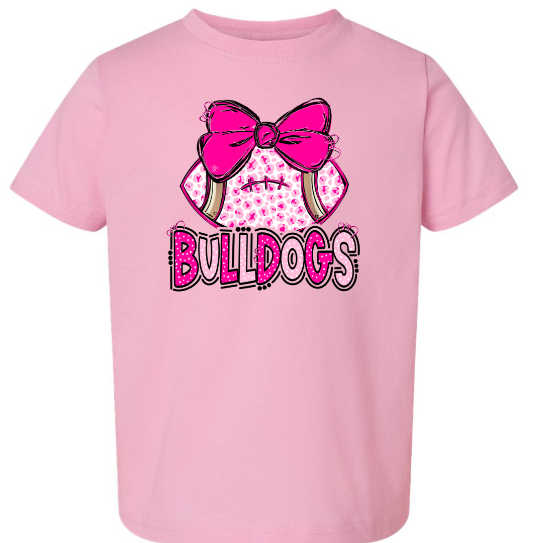 Pink Rabbit Skins Bulldogs leopard football bow toddler T-shirt flat lay