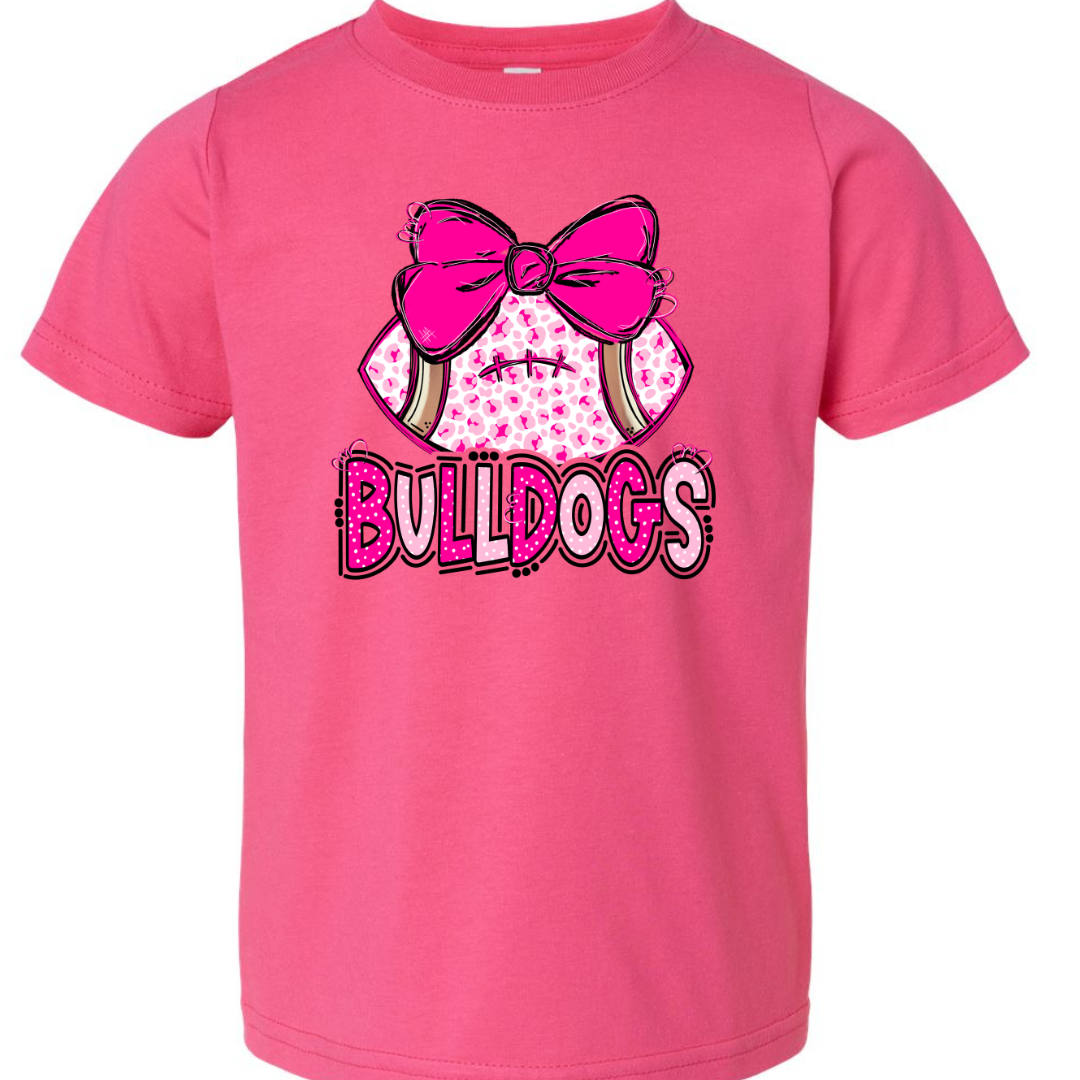 Raspberry Rabbit Skins Bulldogs leopard football bow toddler T-shirt flat lay