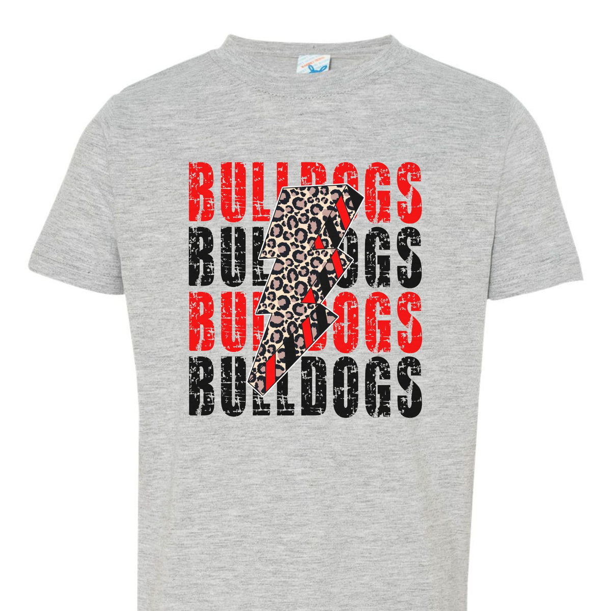 Grey toddler tee with red and black Bulldogs lettering and leopard lightning bolt
