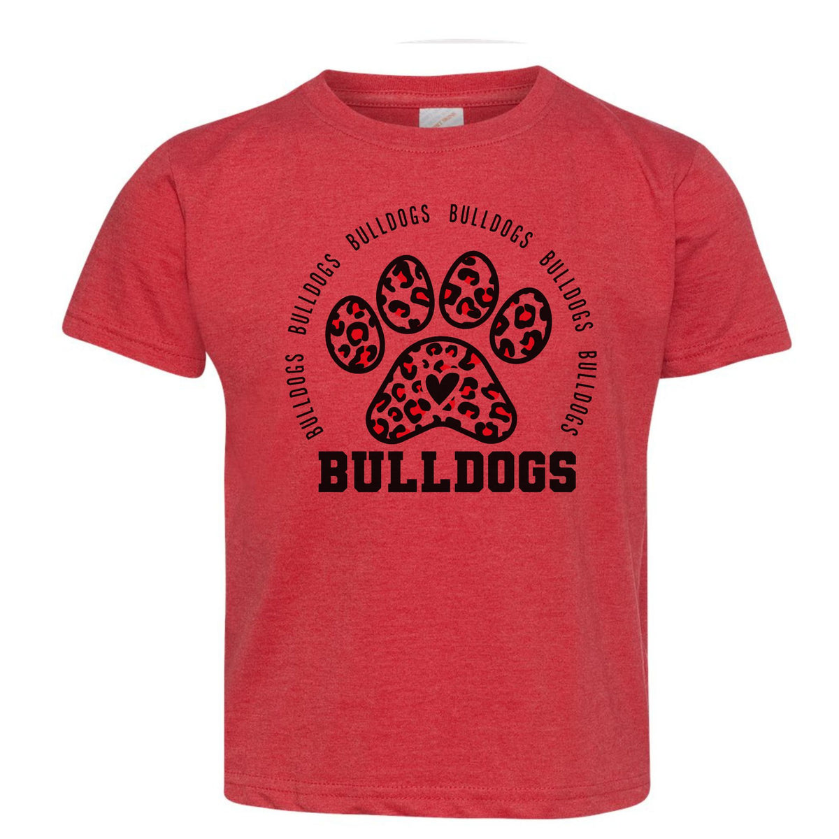 Vintage Red toddler tee with leopard paw print Bulldogs design
