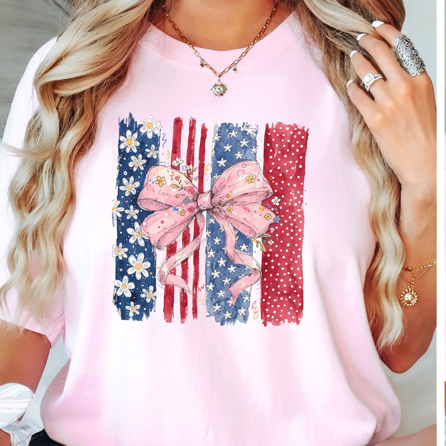 Floral Bow American Flag T-Shirt | Coquette Patriotic Comfort Colors Tee