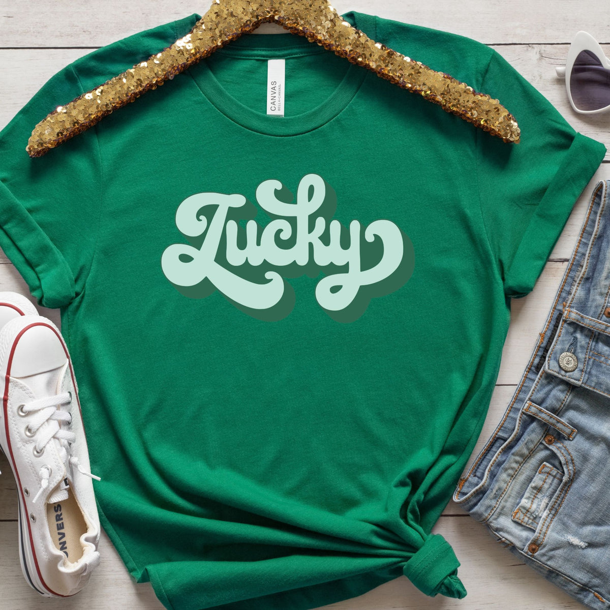 Lucky graphic T-shirt in Bella Canvas Kelly Green flat lay