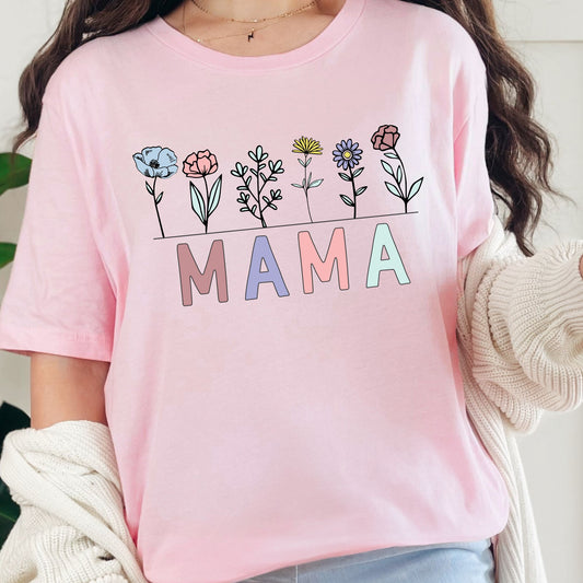 Heather Pink T-shirt with pastel MAMA letters and a row of wildflowers