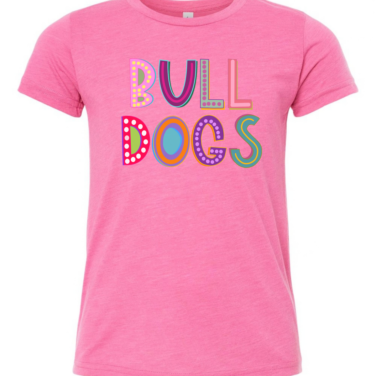 Marquee Bulldogs youth T-shirt in Heather Charity Pink, Bella Canvas 3001Y flat lay