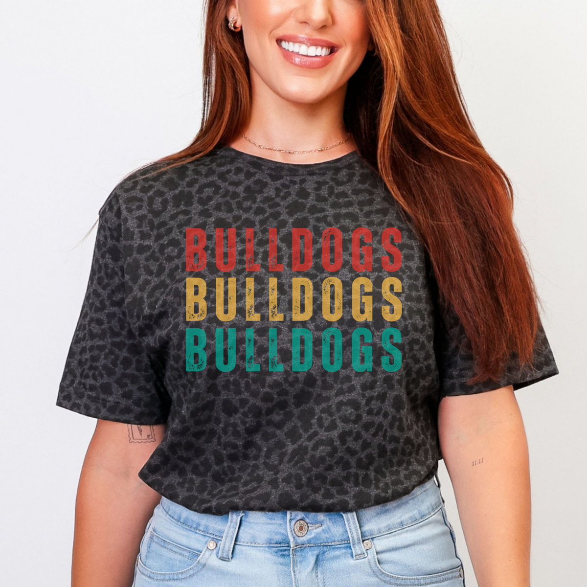 Adult model wearing multicolor Bulldogs LAT black leopard T-shirt