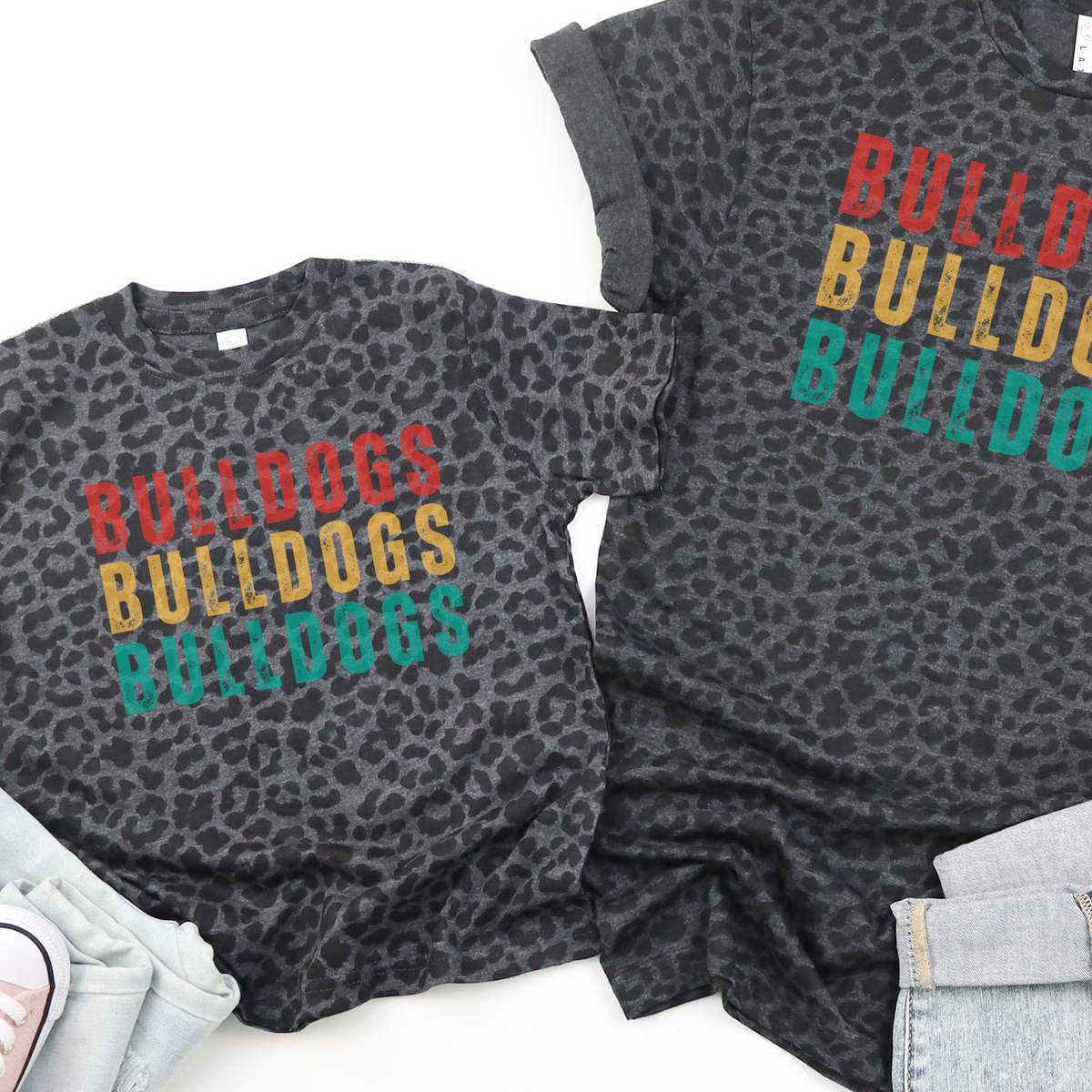 Adult and youth multicolor Bulldogs LAT black leopard T-shirts