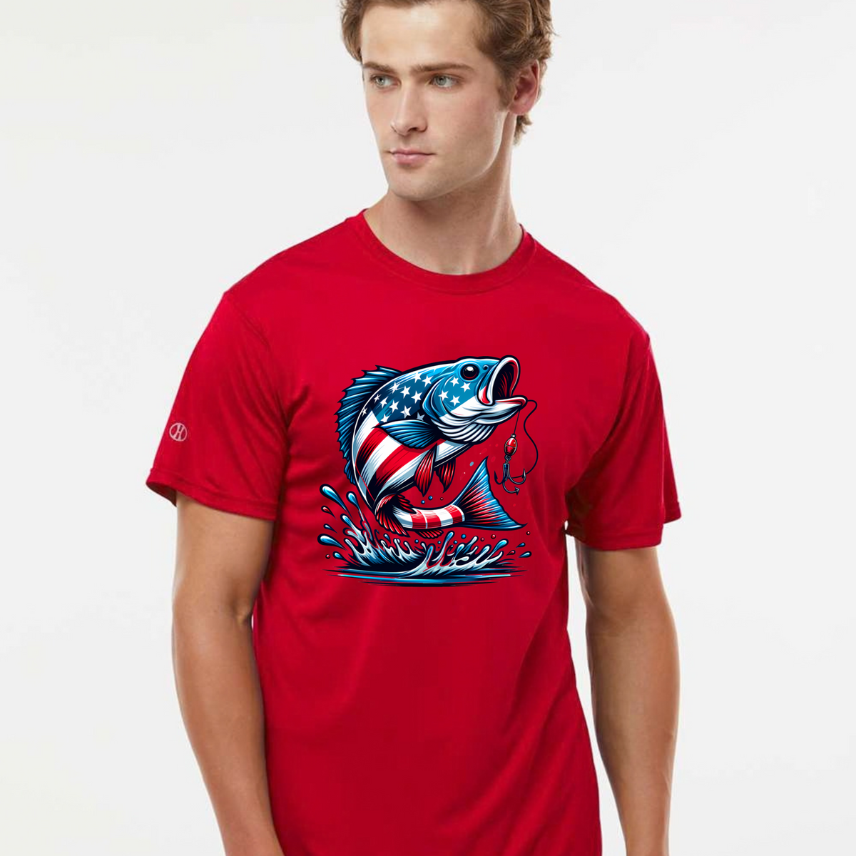 Patriotic fishing graphic on a red dry fit T-shirt worn by a man