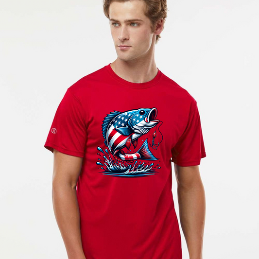 Patriotic fishing graphic on a red dry fit T-shirt worn by a man