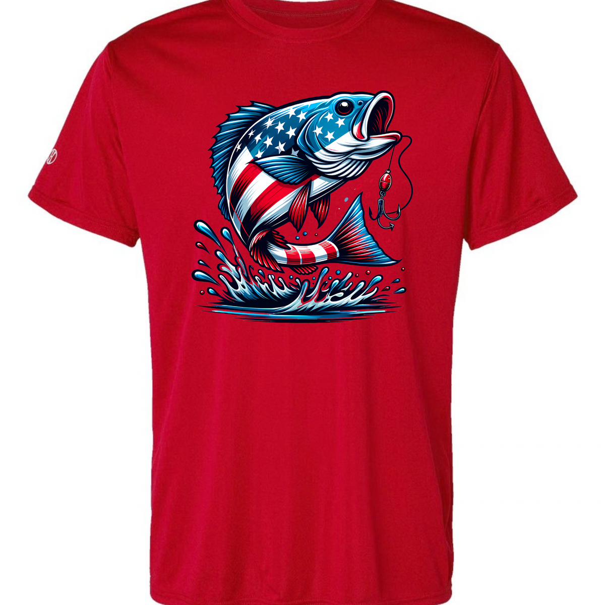 Red dry fit T-shirt with American flag fishing graphic