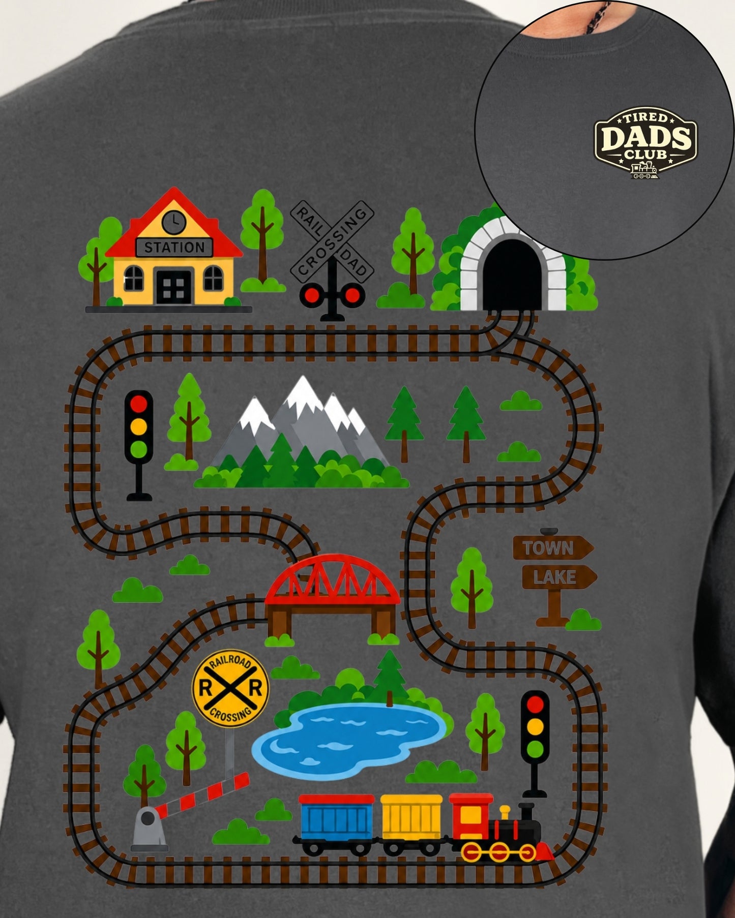 Tired Dads Club Train Shirt, Play Mat Tshirt for Dad, Interactive Tee, Fun Dad Gift, Train Engineer Shirt, Sensory Play Tee