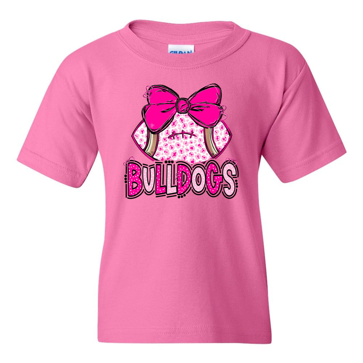 Pink leopard football bow Bulldogs youth T-shirt in Azalea - Gildan 5000B flat lay