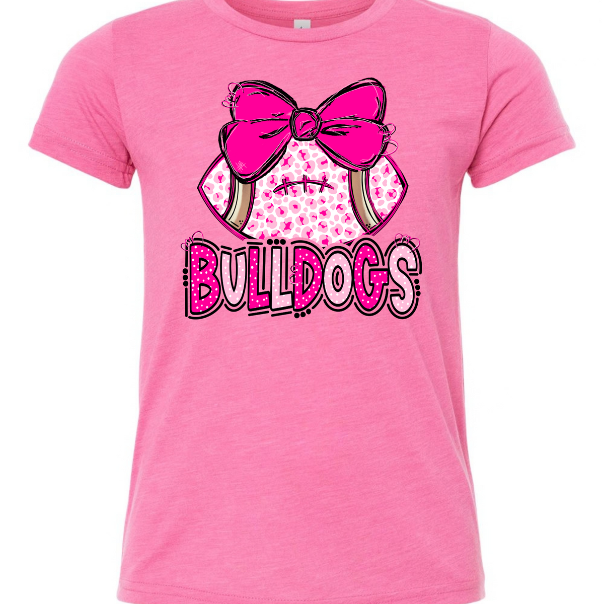 Pink leopard football bow Bulldogs youth T-shirt in Heather Charity Pink, Bella Canvas 3001Y flat lay