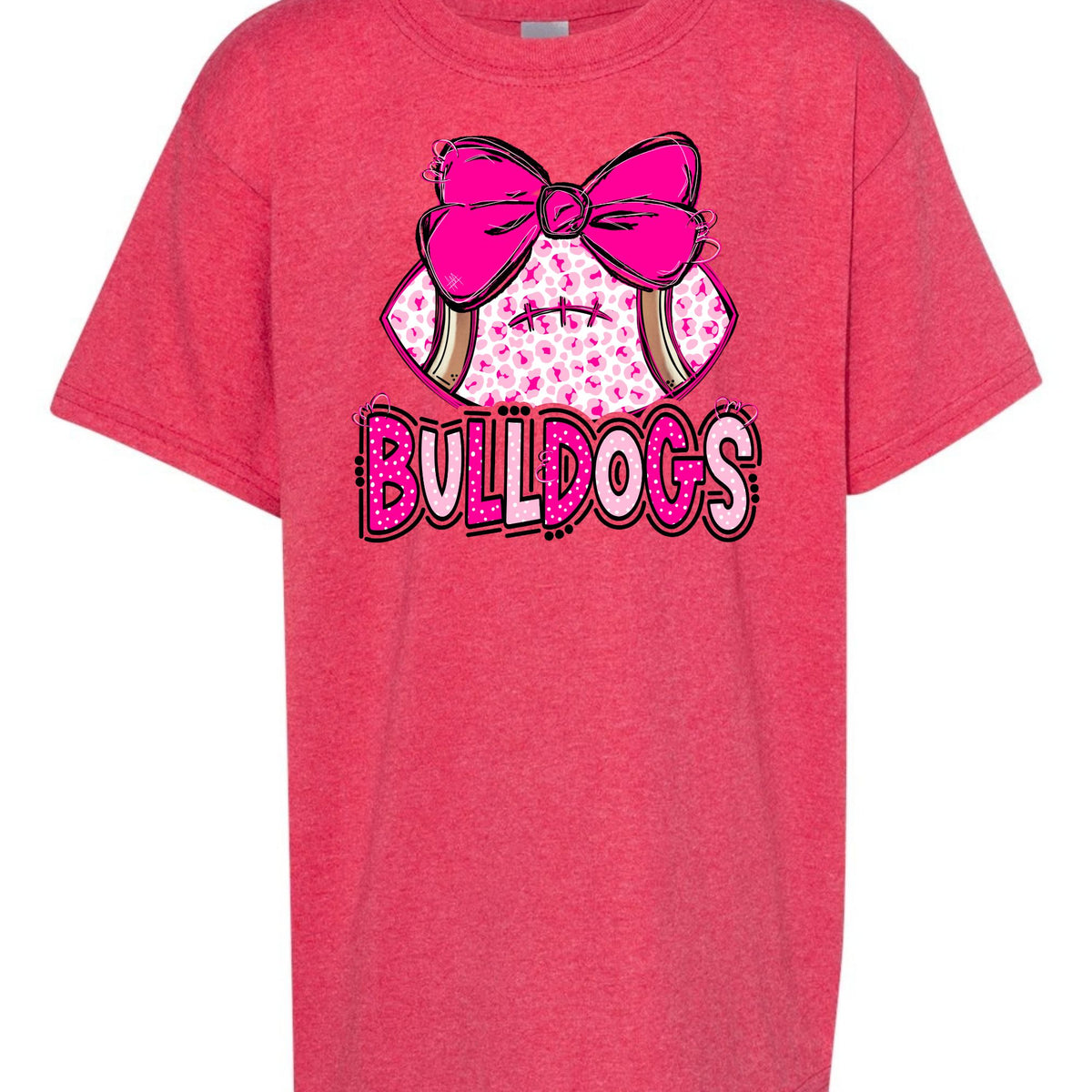 Pink leopard football bow Bulldogs youth T-shirt in Heather Red - Gildan 5000B flat lay