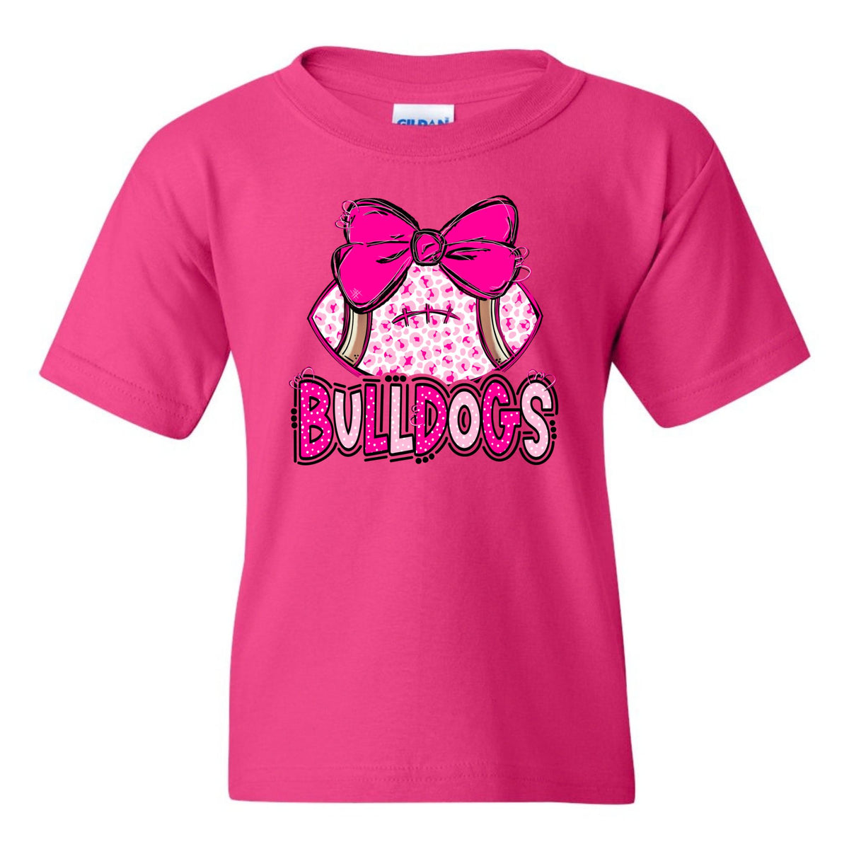 Pink leopard football bow Bulldogs youth T-shirt in Heliconia - Gildan 5000B flat lay