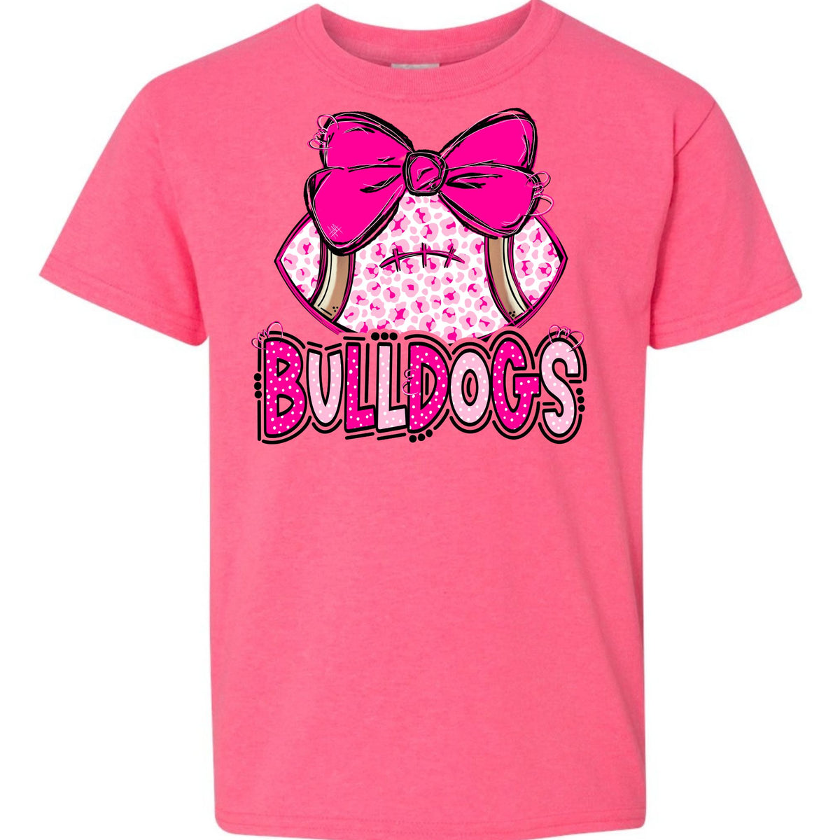 Pink leopard football bow Bulldogs youth T-shirt in Safety Pink - Gildan 5000B flat lay