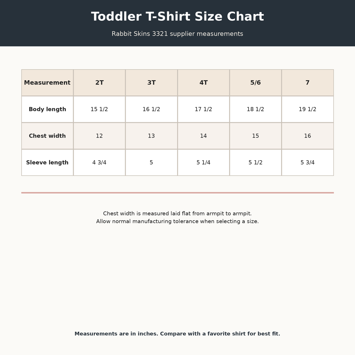 Toddler T-shirt size chart in inches