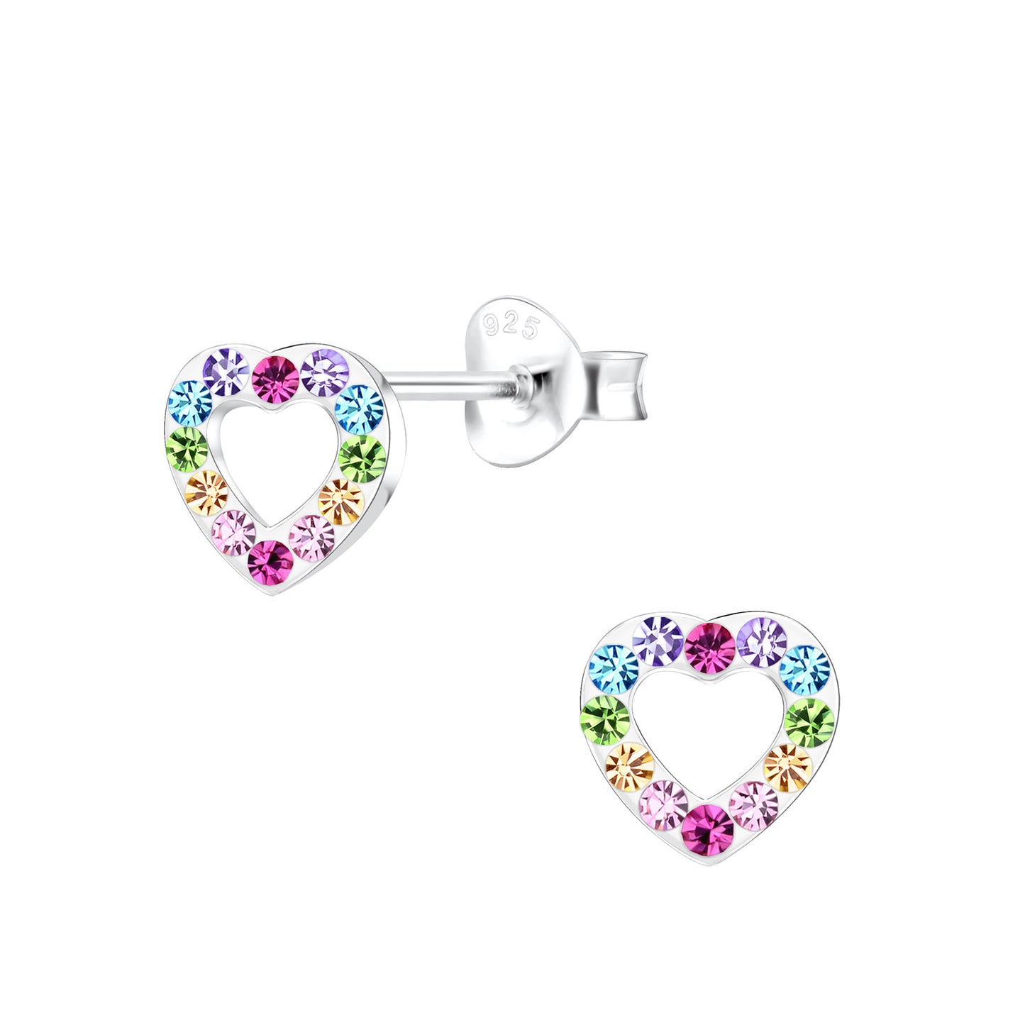 Hollow Heart with Rainbow Rhinestones Valentine Sterling Silver Stud Earrings