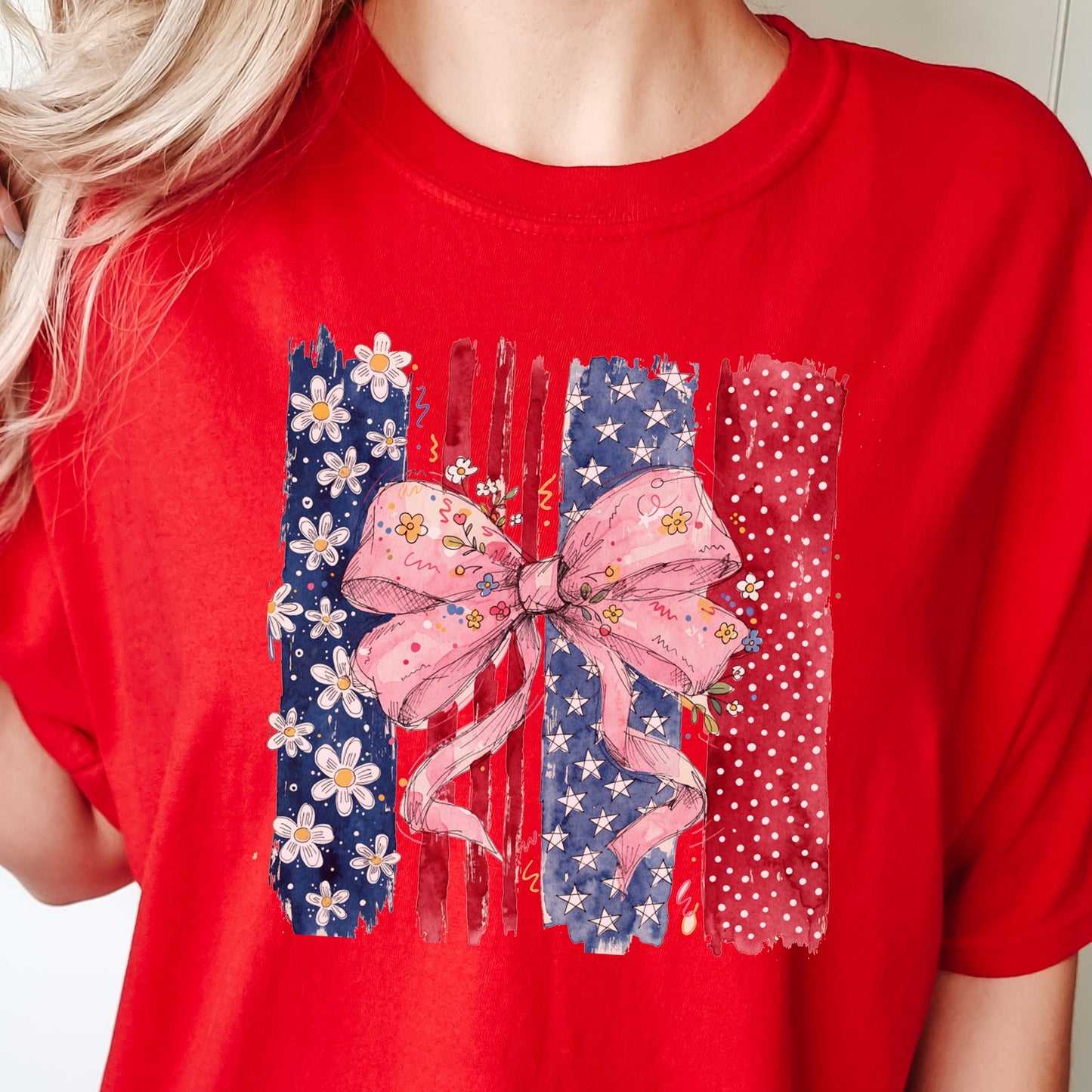 Floral Bow American Flag T-Shirt | Coquette Patriotic Comfort Colors Tee