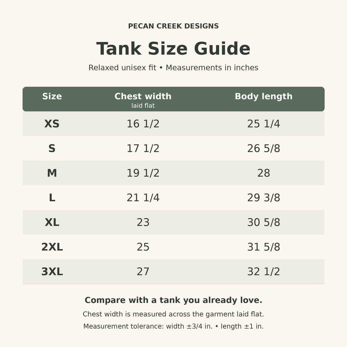 Relaxed unisex tank size chart XS–3XL with laid-flat chest width and body length in inches.