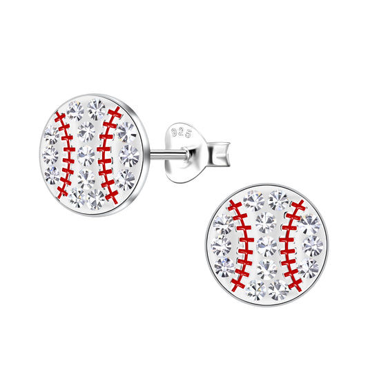 Rhinestone Baseball sterling silver stud earring  (white)