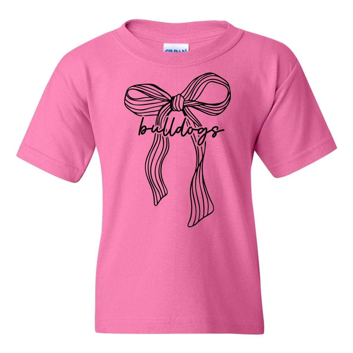 Ribbon bow Bulldogs youth T-shirt in Azalea - Gildan 5000B flat lay