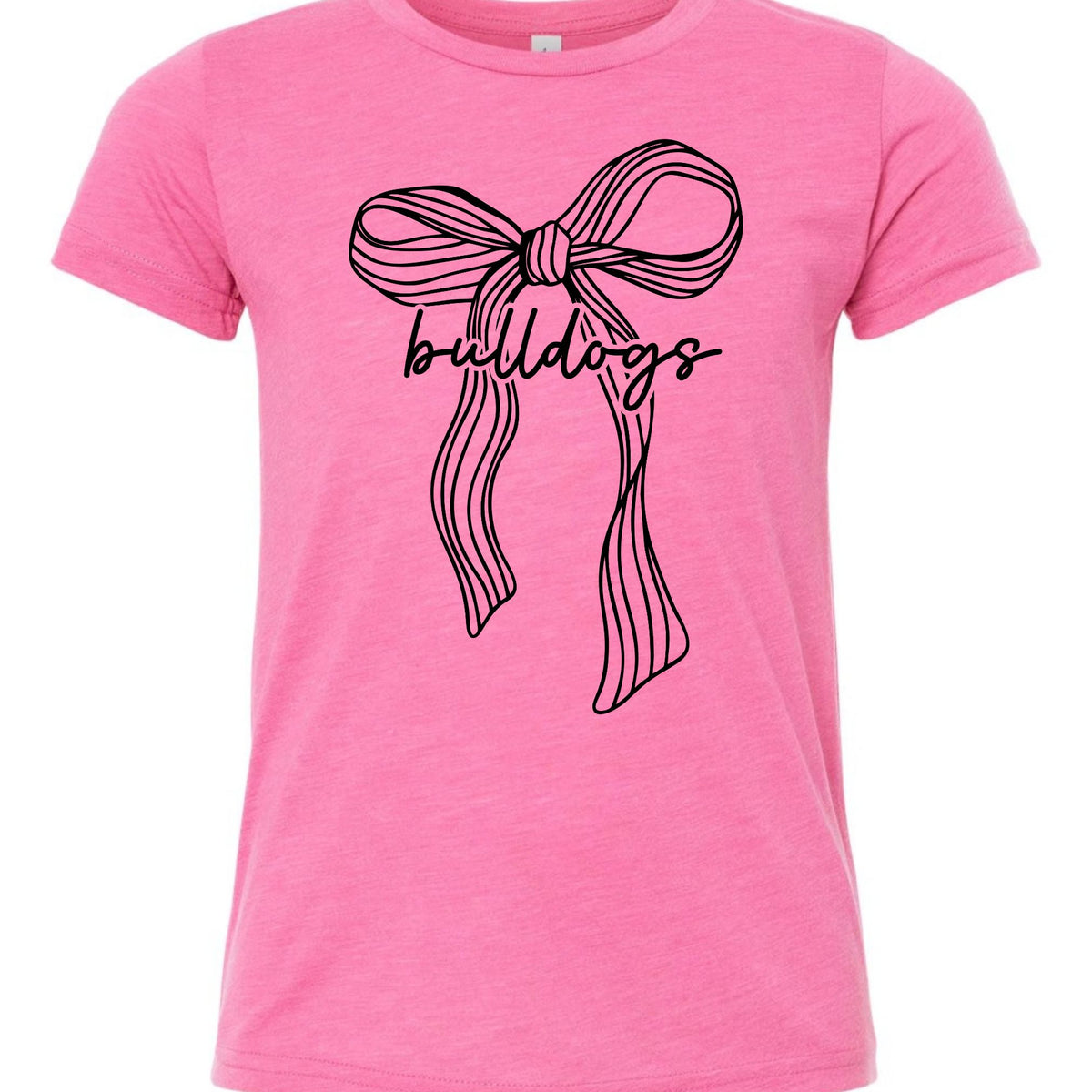 Ribbon bow Bulldogs youth T-shirt in Heather Charity Pink, Bella Canvas 3001Y flat lay