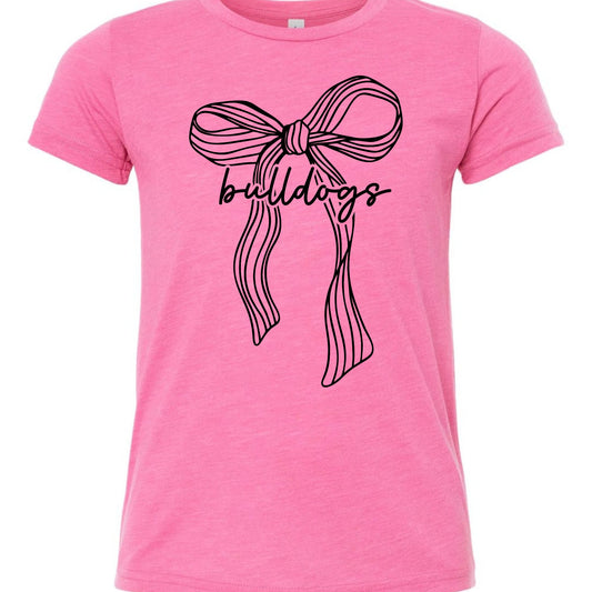 Ribbon bow Bulldogs youth T-shirt in Heather Charity Pink, Bella Canvas 3001Y flat lay
