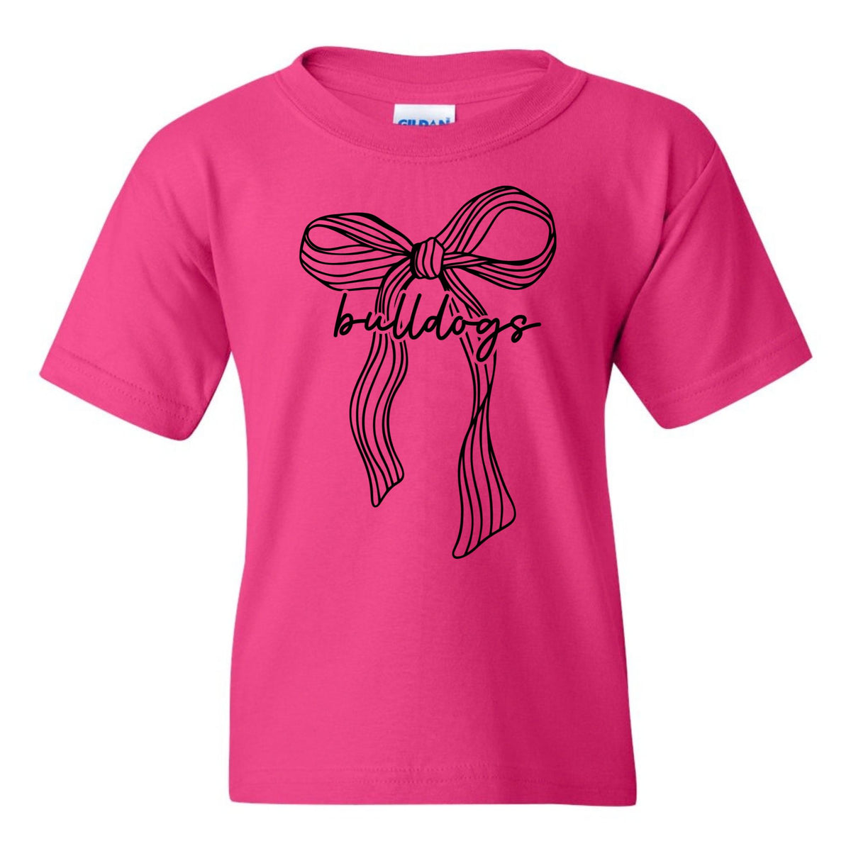 Ribbon bow Bulldogs youth T-shirt in Heliconia - Gildan 5000B flat lay