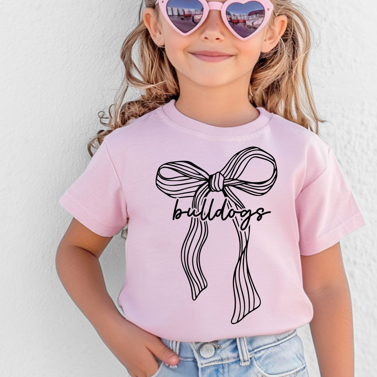 Girl wearing a Pink Bella Canvas 3001Y ribbon bow Bulldogs youth T-shirt