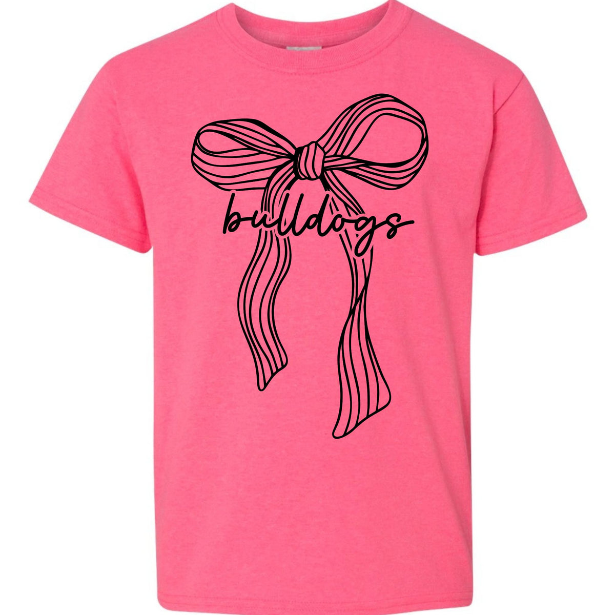 Ribbon bow Bulldogs youth T-shirt in Safety Pink - Gildan 5000B flat lay