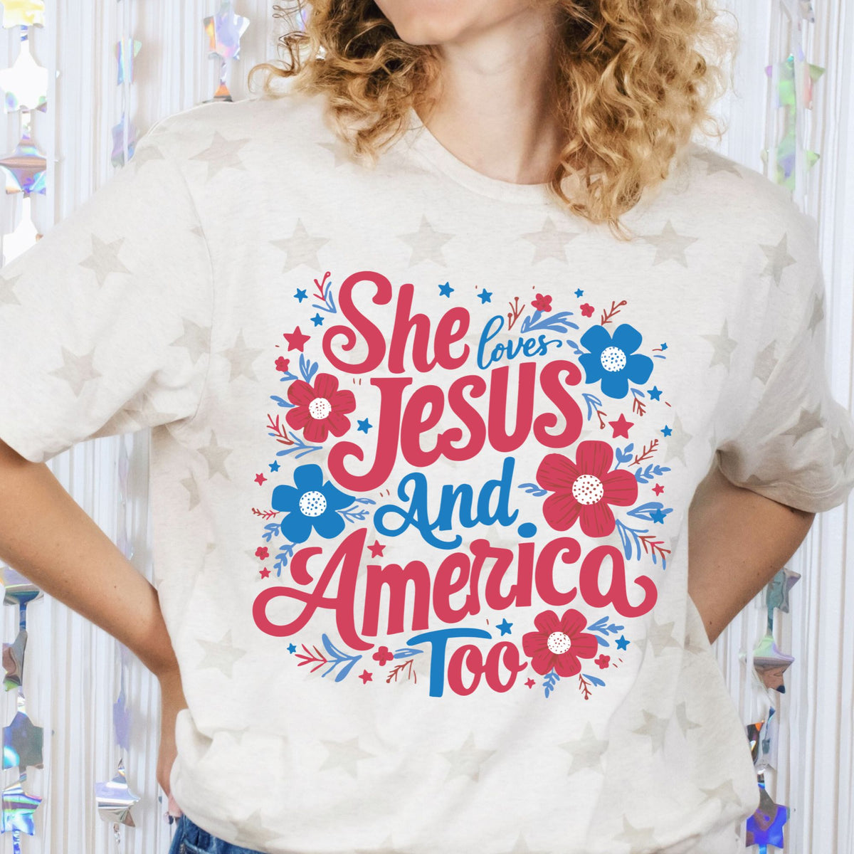 Natural star-pattern T-shirt with She Loves Jesus and America Too floral graphic