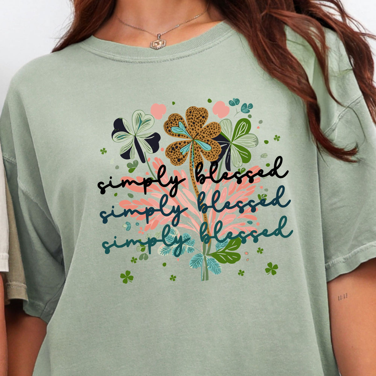 Simply Blessed clover graphic T-shirt in Bay
