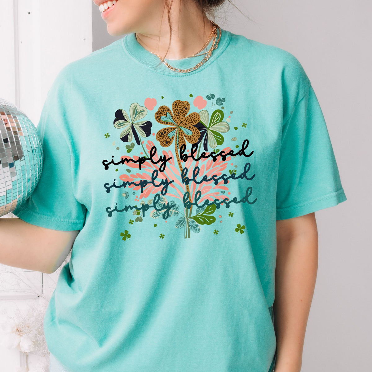 Simply Blessed clover graphic T-shirt in Chalky Mint