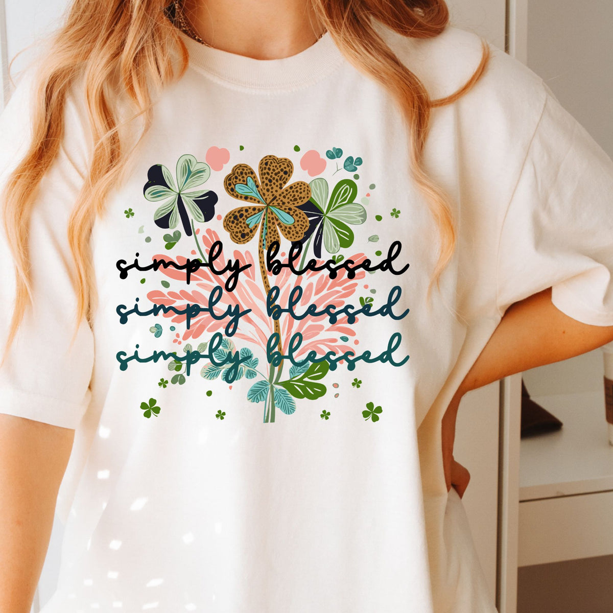 Simply Blessed clover graphic T-shirt in Ivory